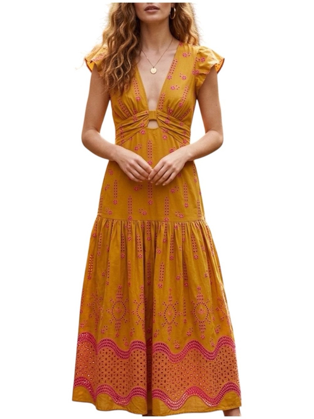 Dixie Italy Mustard Yellow Pink Eyelet Embroidered Cutout Maxi Dress Tiered M